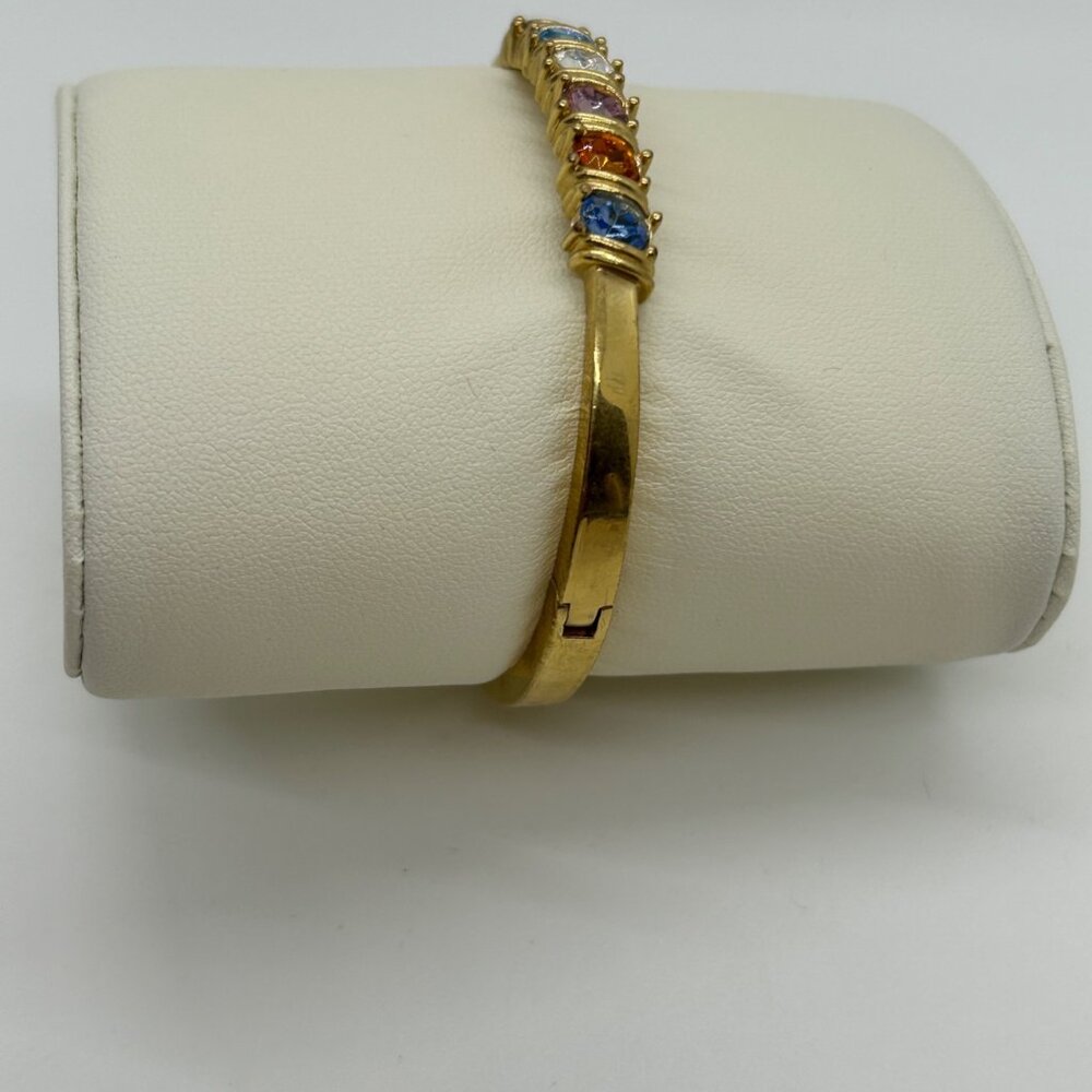 Vintage Gold Tone Bangle Bracelet Rainbow Birthstone Multi-Color Crystals Hinged - Picture 6 of 16